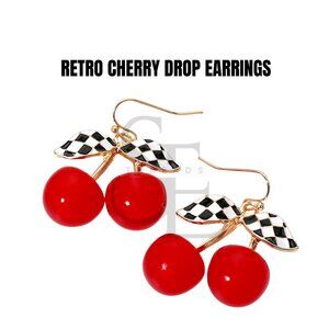 Cherry Drop Earrings with Checkered Leaf – Retro Y2K Statement Jewelry